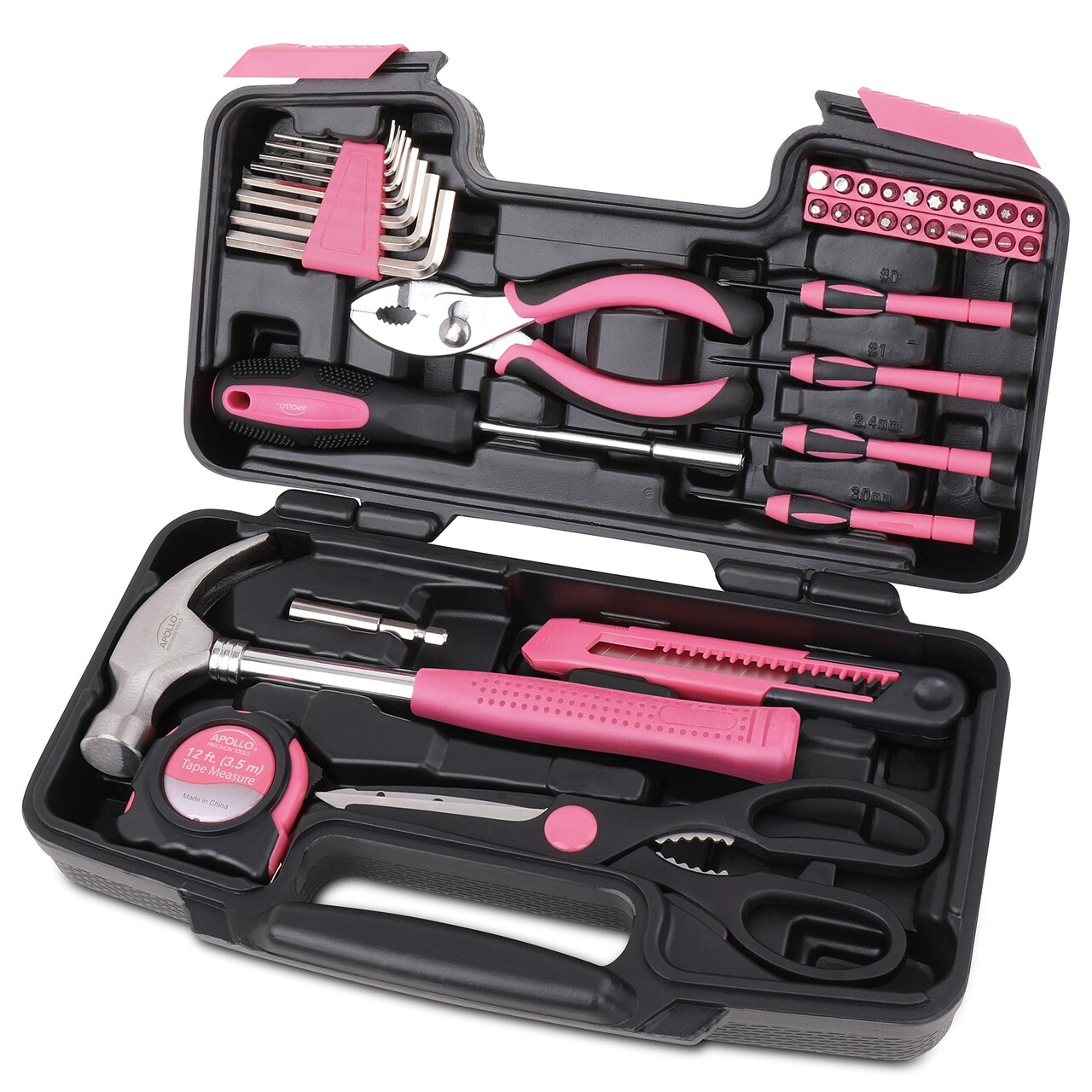 Tools Original 39 Piece General Household Tool Set in Toolbox Storage Case with Essential Hand Tools for Everyday Home Repairs, DIY and Crafts - Pink Ribbon - Pink - DT9706P